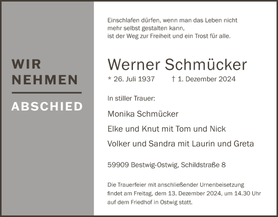 Traueranzeige von Werner Schmücker von WA