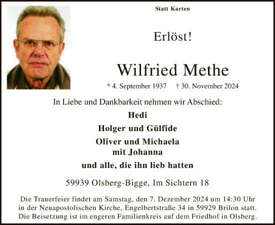 Traueranzeige von Wilfried Methe von WA