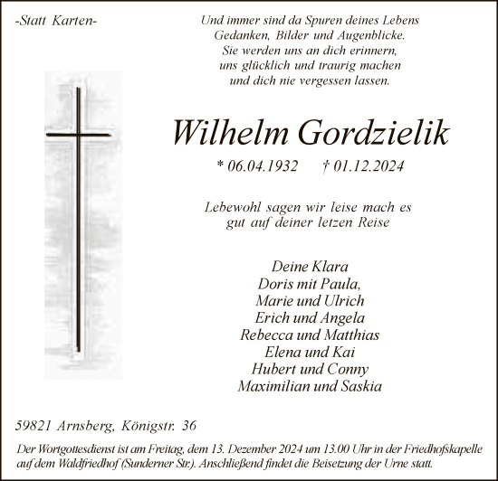 Traueranzeige von Wilhelm Gordzielik von WA