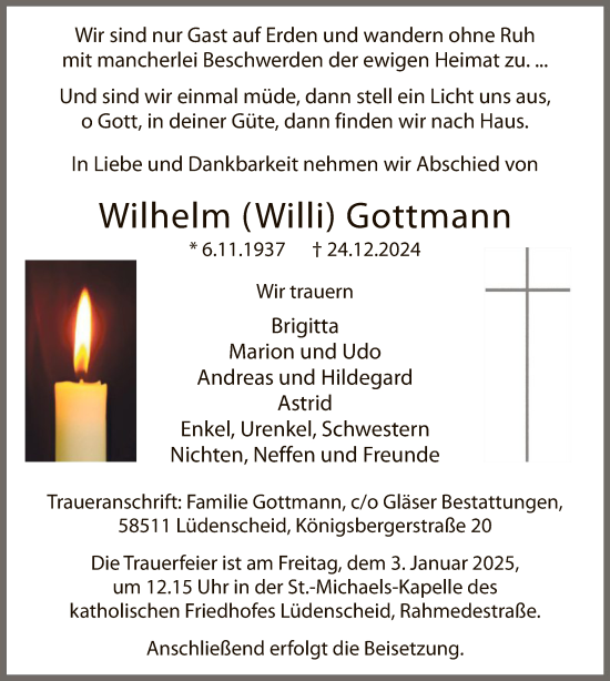 Traueranzeige von Wilhelm Gottmann von WA