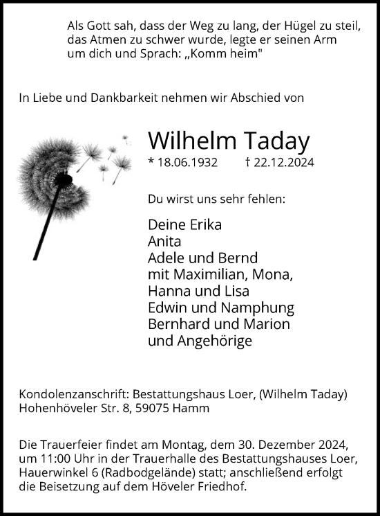 Traueranzeige von Wilhelm Taday von WA