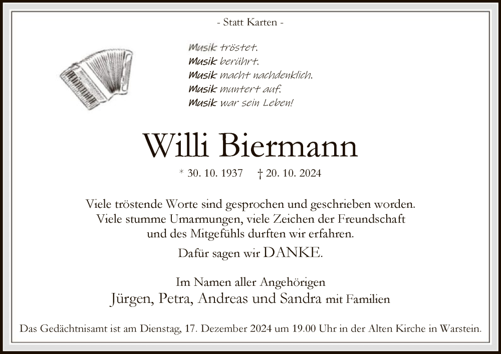  Traueranzeige für Willi Biermann vom 07.12.2024 aus WA