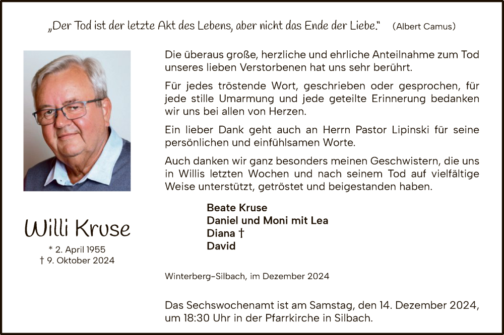  Traueranzeige für Willi Kruse vom 07.12.2024 aus WA