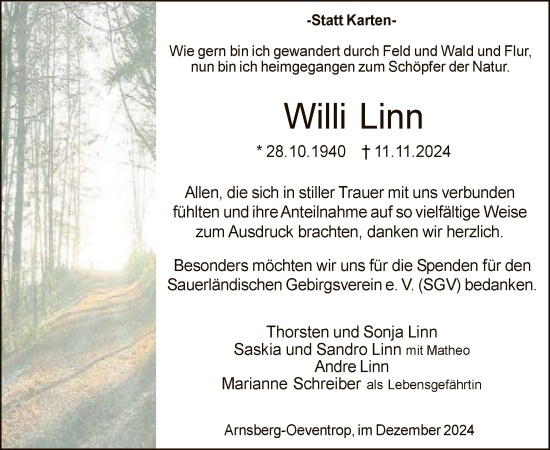 Traueranzeige von Willi Linn von WA