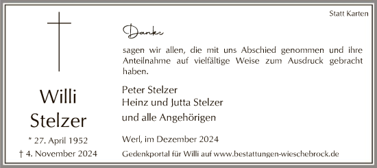 Traueranzeige von Willi Stelzer von WA