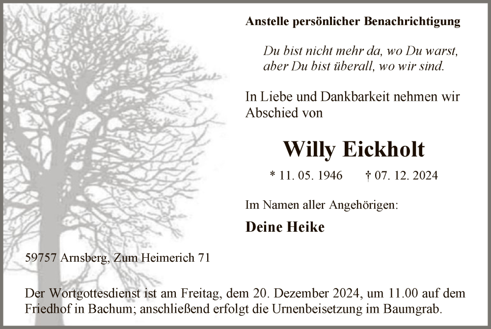  Traueranzeige für Willy Eickholt vom 14.12.2024 aus WA