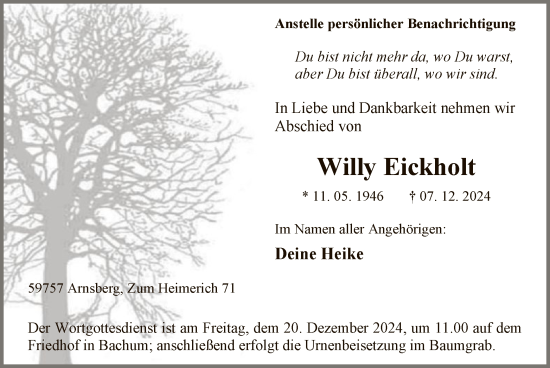 Traueranzeige von Willy Eickholt von WA