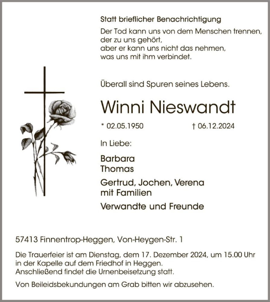  Traueranzeige für Winni Nieswandt vom 14.12.2024 aus WA