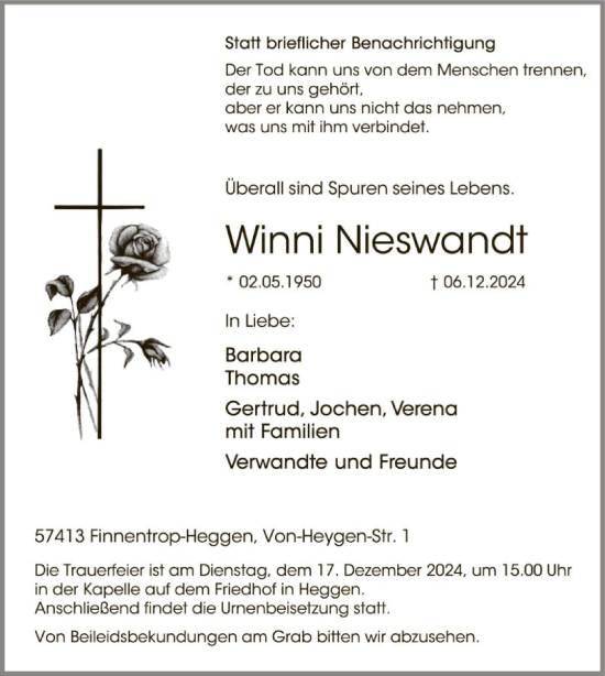 Traueranzeige von Winni Nieswandt von WA