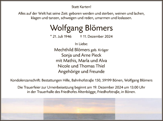 Traueranzeige von Wolfgang Blömers von WA