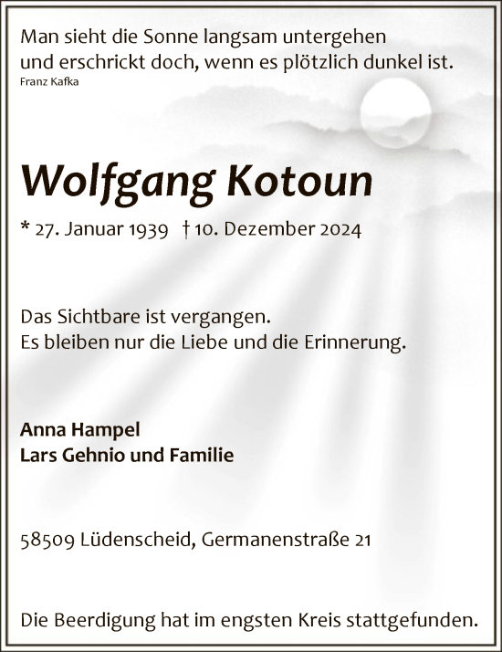 Traueranzeige von Wolfgang Kotoun von WA