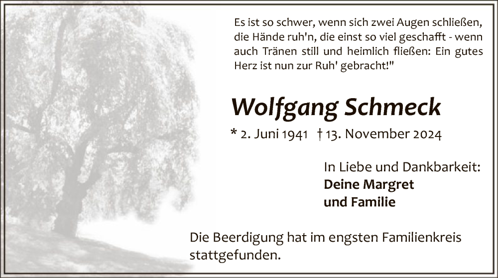  Traueranzeige für Wolfgang Schmeck vom 14.12.2024 aus WA