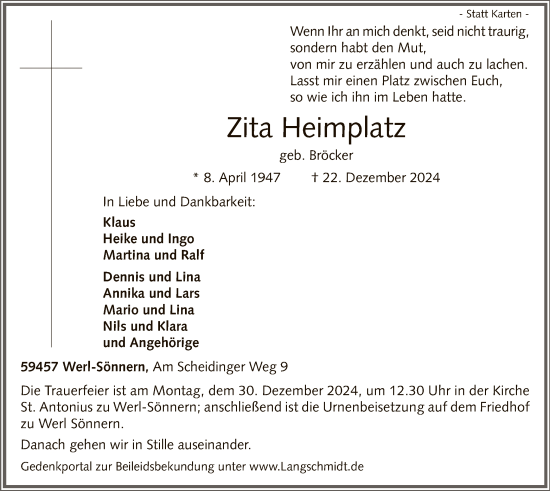 Traueranzeige von Zita Heimplatz von WA