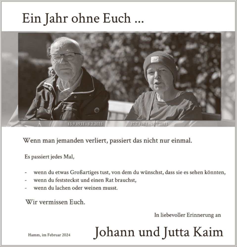  Traueranzeige für Johann Peter Kaim vom 28.02.2024 aus WA