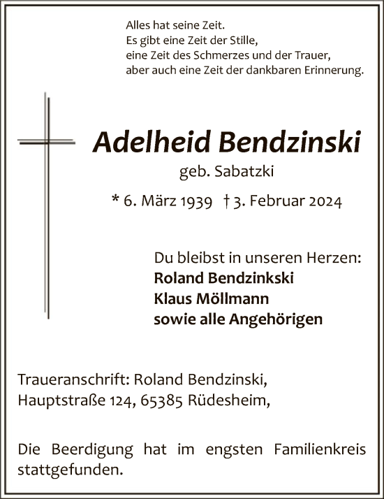 Traueranzeige von Adelheid Bendzinski von WA