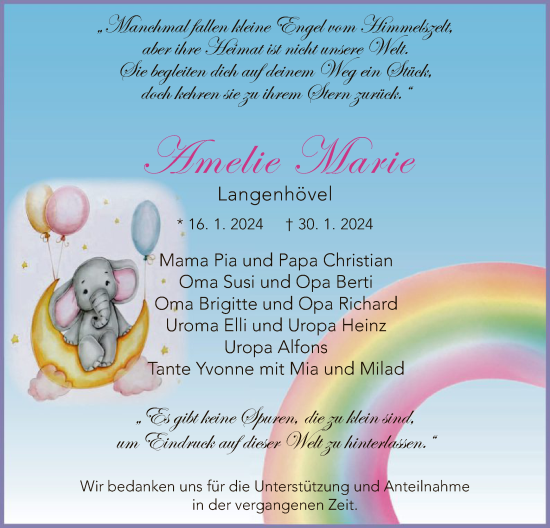 Traueranzeige von Amelie Marie von WA