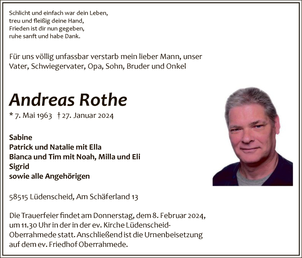  Traueranzeige für Andreas Rothe vom 02.02.2024 aus WA