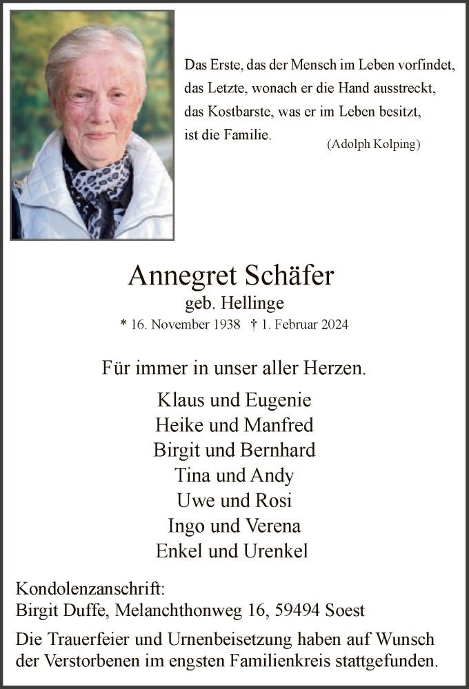  Traueranzeige für Annegret Schäfer vom 21.02.2024 aus WA