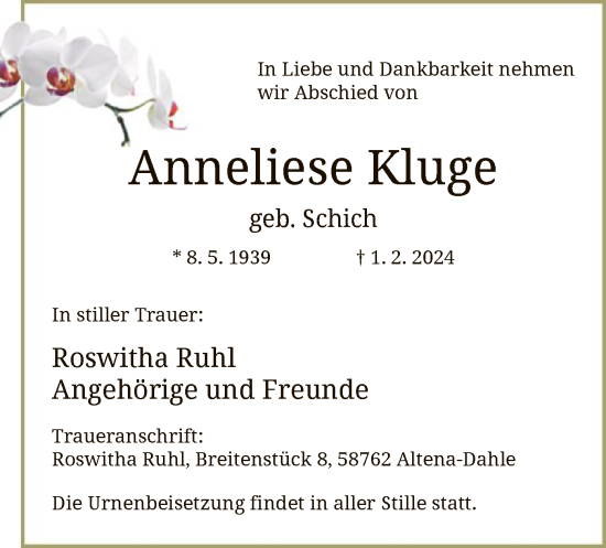 Traueranzeige von Anneliese Kluge von WA