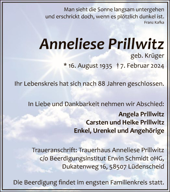 Traueranzeige von Anneliese Prillwitz von WA
