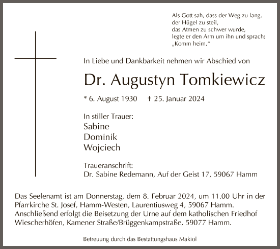 Traueranzeige von Augustyn Tomkiewicz von WA