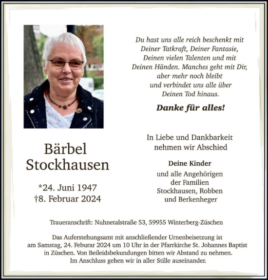 Traueranzeige von Bärbel Stockhausen von WA