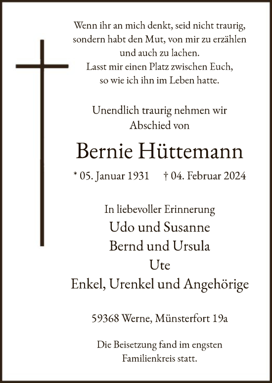 Traueranzeige von Bernie Hüttemann von WA