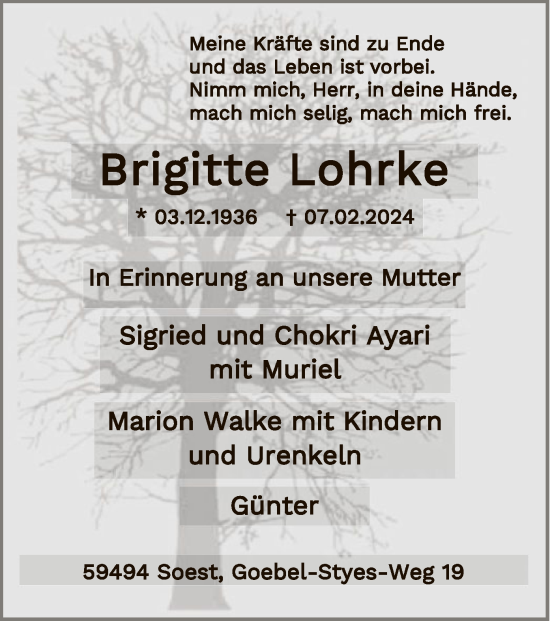 Traueranzeige von Brigitte Lohrke von WA