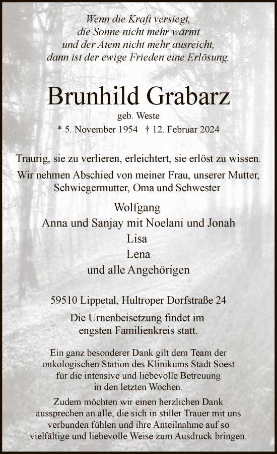 Traueranzeige von Brunhild Grabarz von WA