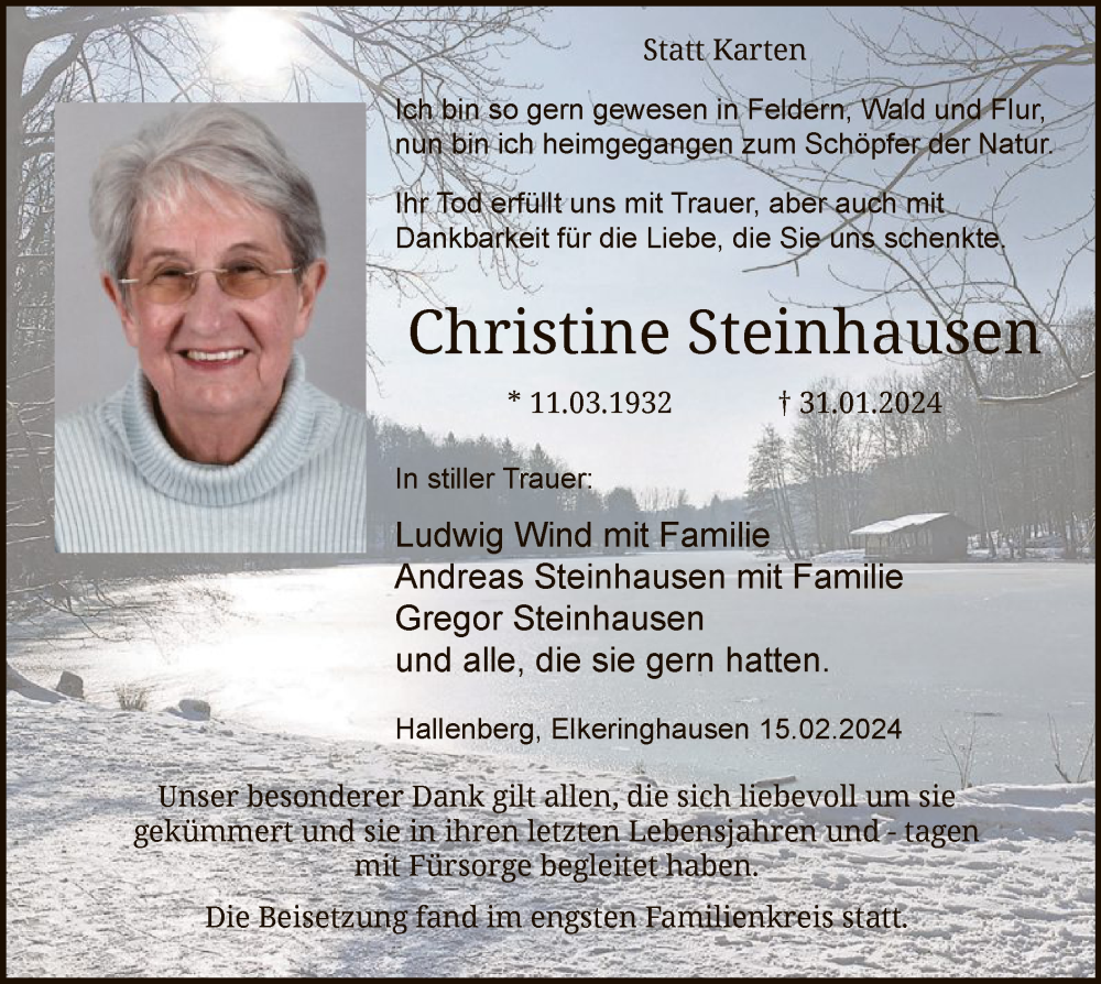  Traueranzeige für Christine Steinhausen vom 24.02.2024 aus WA
