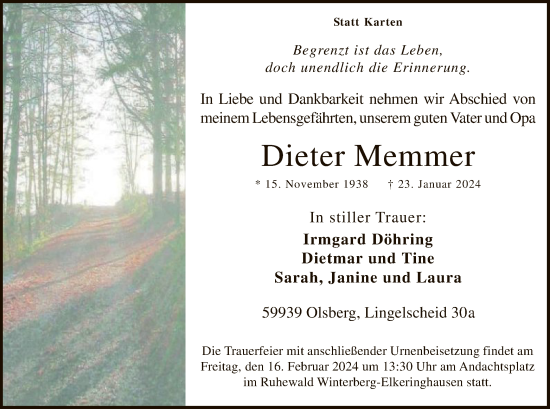 Traueranzeige von Dieter Memmer von WA