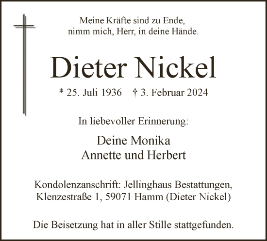 Traueranzeige von Dieter Nickel von WA