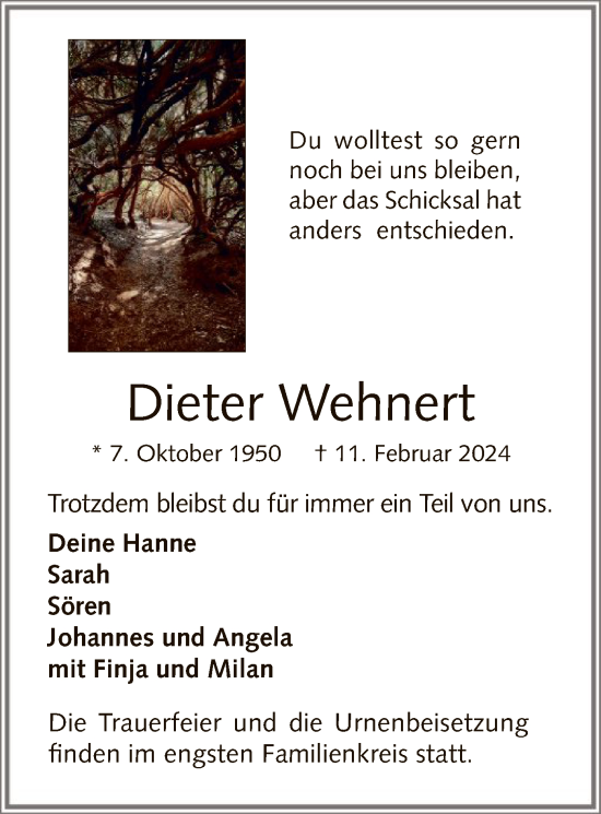 Traueranzeige von Dieter Wehnert von WA