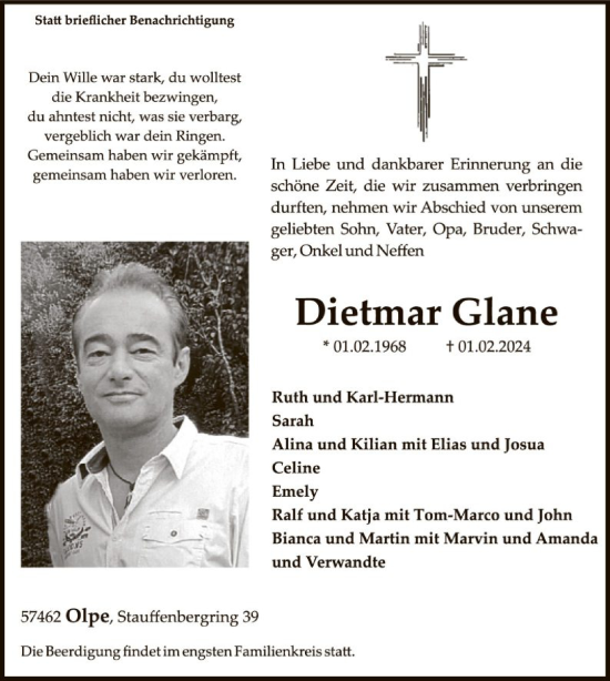 Traueranzeige von Dietmar Glane von WA