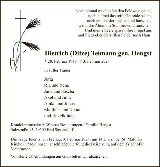 Traueranzeige von Dietrich Teimann von WA