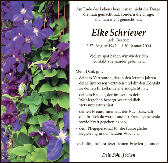 Traueranzeige von Elke Schriever von WA