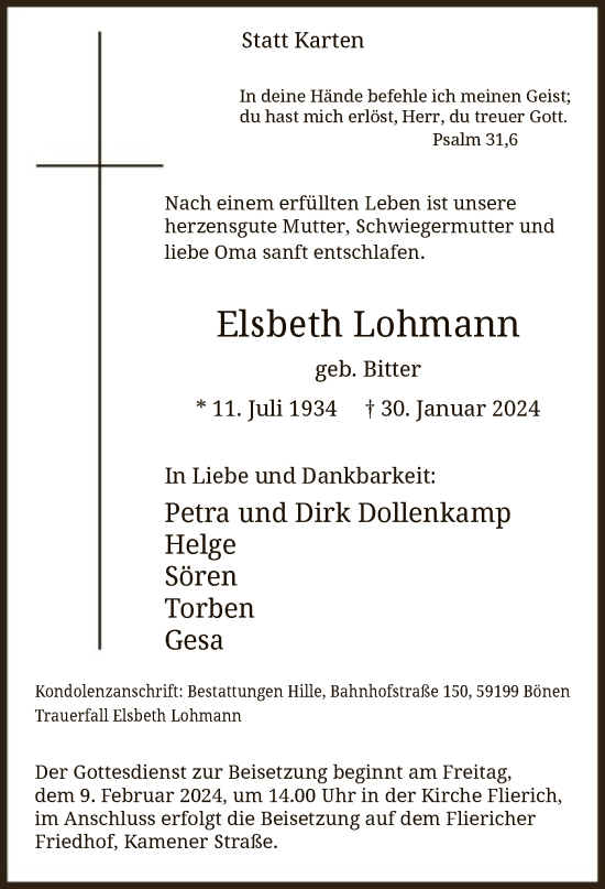 Traueranzeige von Elsbeth Lohmann von WA