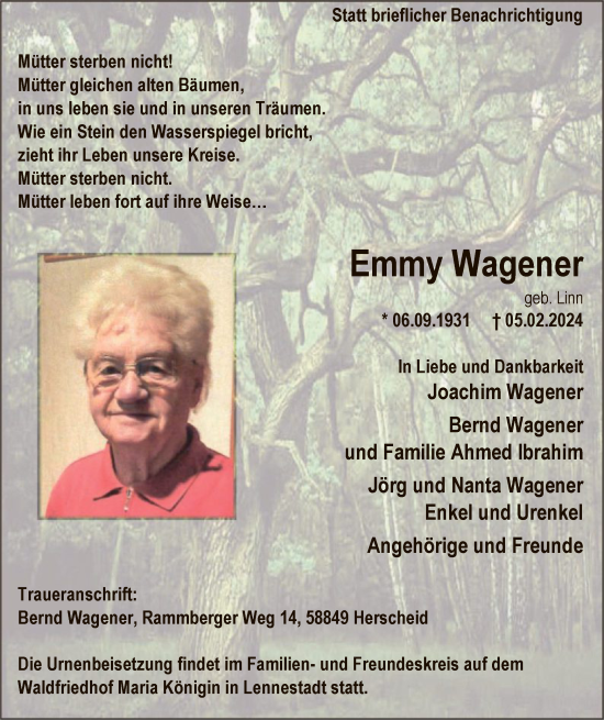 Traueranzeige von Emmy Wagener von WA