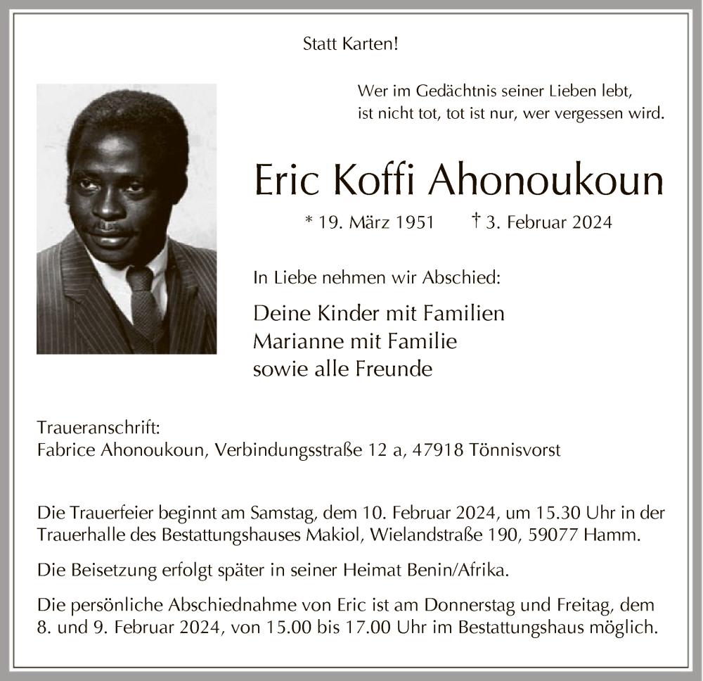  Traueranzeige für Eric Koffi Ahonoukoun vom 07.02.2024 aus WA