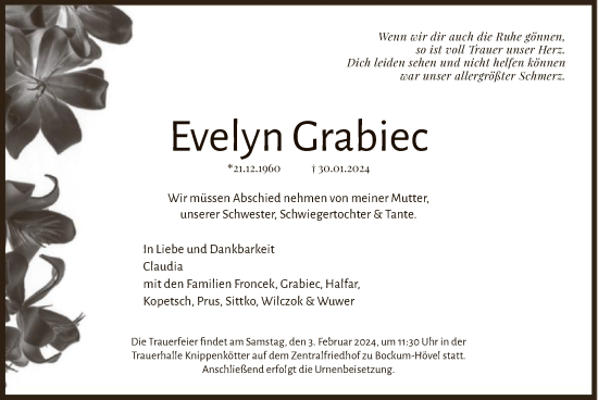 Traueranzeige von Evelyn Grabiec von WA
