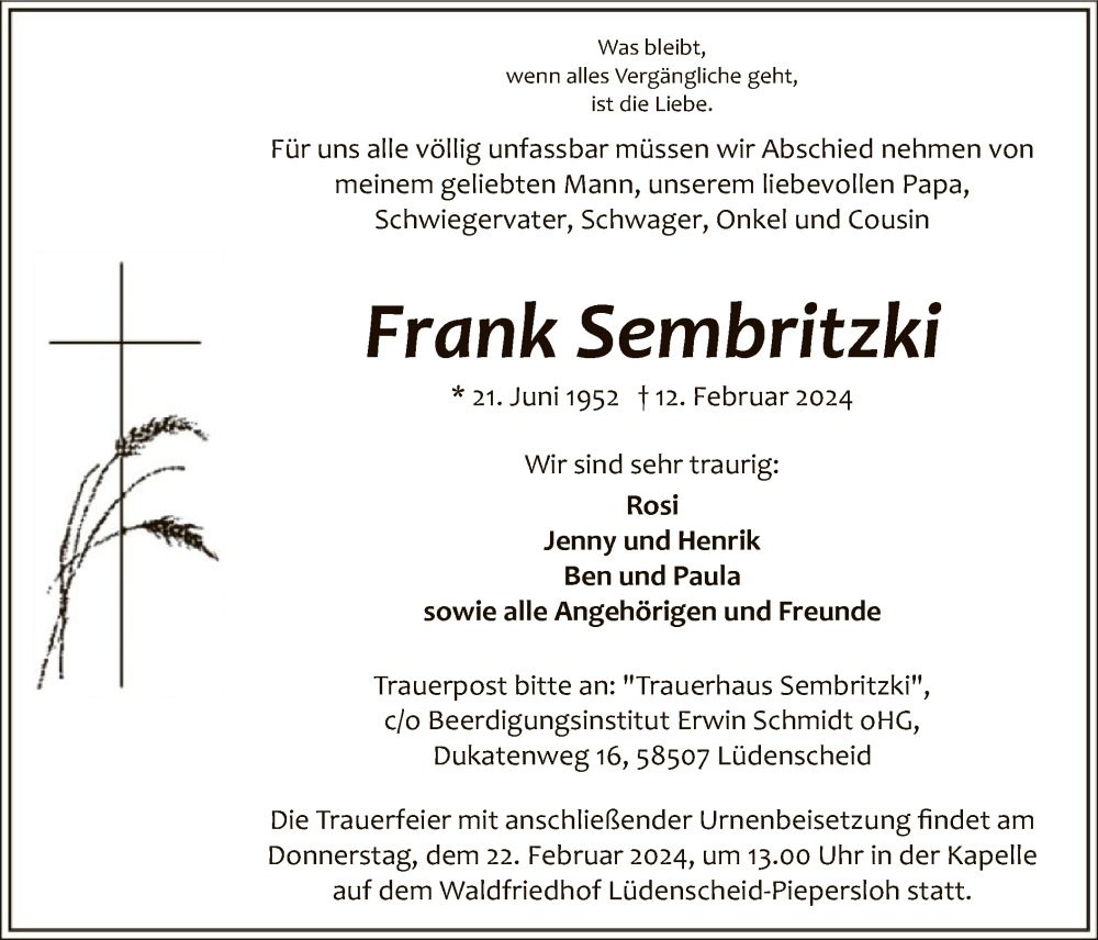  Traueranzeige für Frank Sembritzki vom 16.02.2024 aus WA