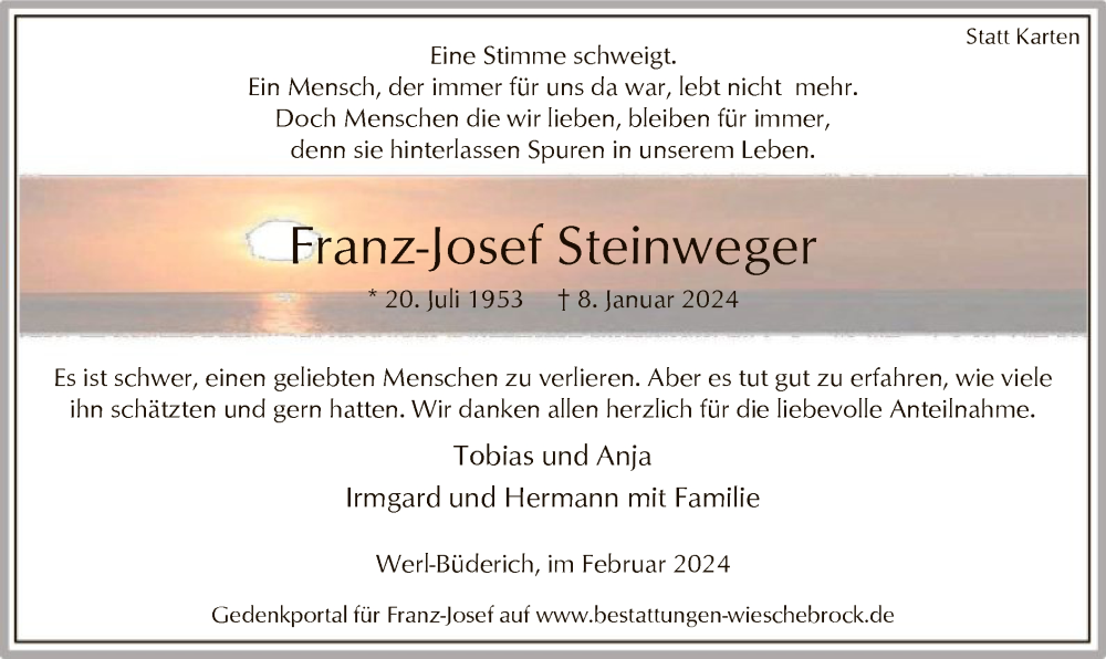  Traueranzeige für Franz-Josef Steinweger vom 24.02.2024 aus WA