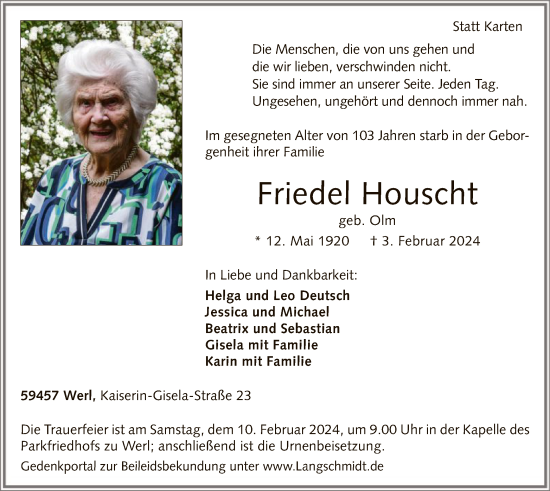 Traueranzeige von Friedel Houscht von WA