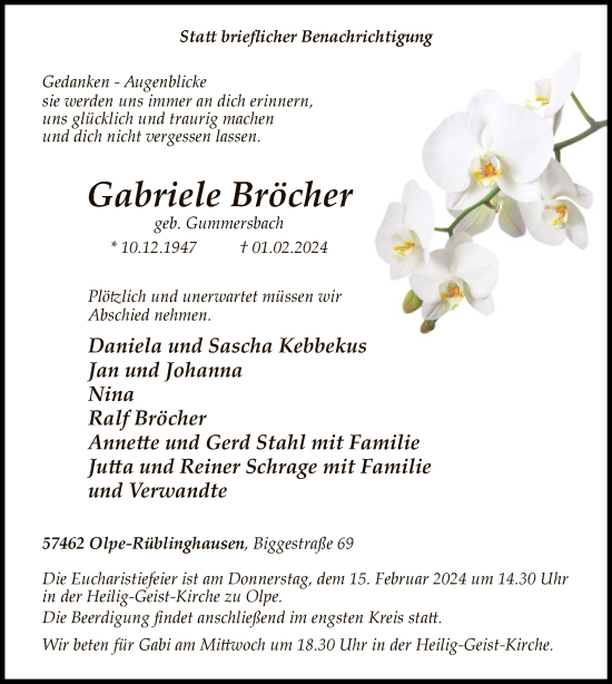 Traueranzeige von Gabriele Bröcher von WA
