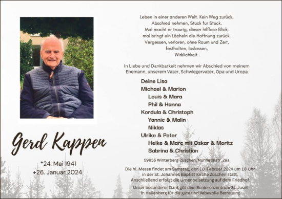 Traueranzeige von Gerd Kappen von WA