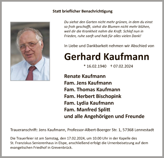 Traueranzeige von Gerhard Kaufmann von WA