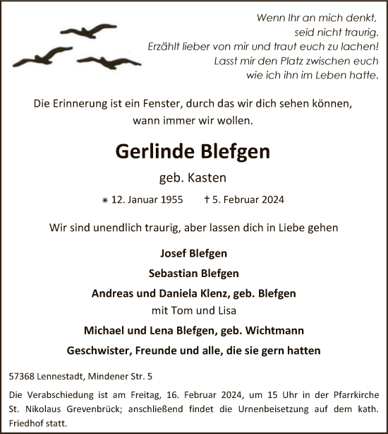 Traueranzeige von Gerlinde Blefgen von WA