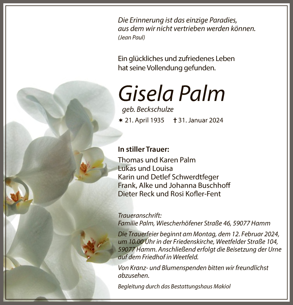  Traueranzeige für Gisela Palm vom 03.02.2024 aus WA