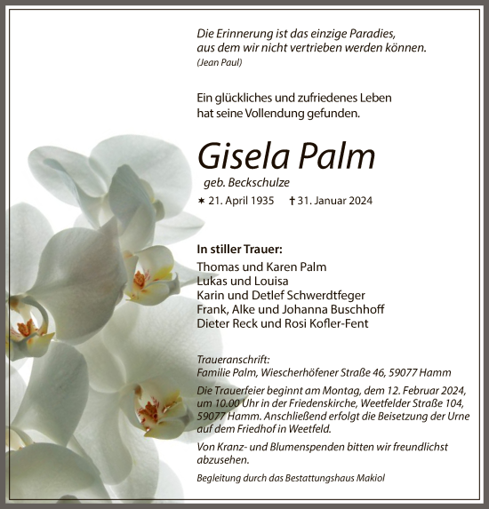 Traueranzeige von Gisela Palm von WA