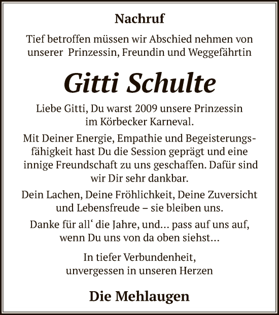 Traueranzeige von Gitti Schulte von WA